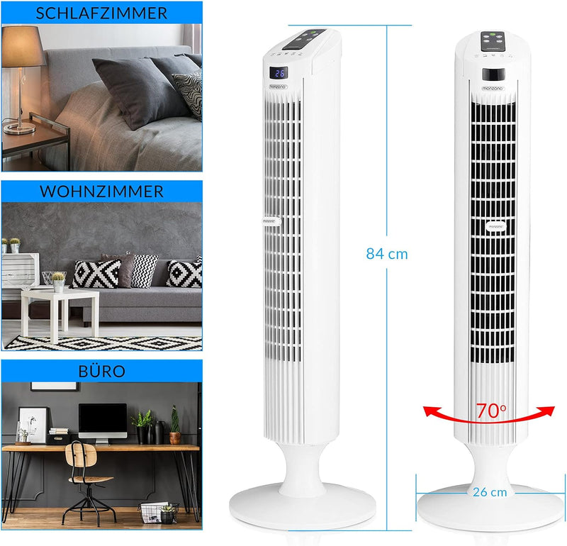 Monzana Turmventilator 70° Oszillationswinkel Fernbedienung 3 Geschwindigkeitsstufen 84cm Timer 1-12