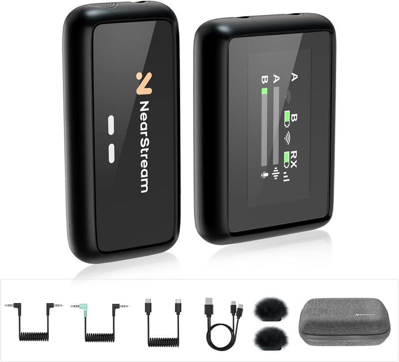 NearStream AWM20D Lavalier Mikrofon Wireless mit Geräuschunterdrückung, HD LCD-Bildschirm/200m Übert