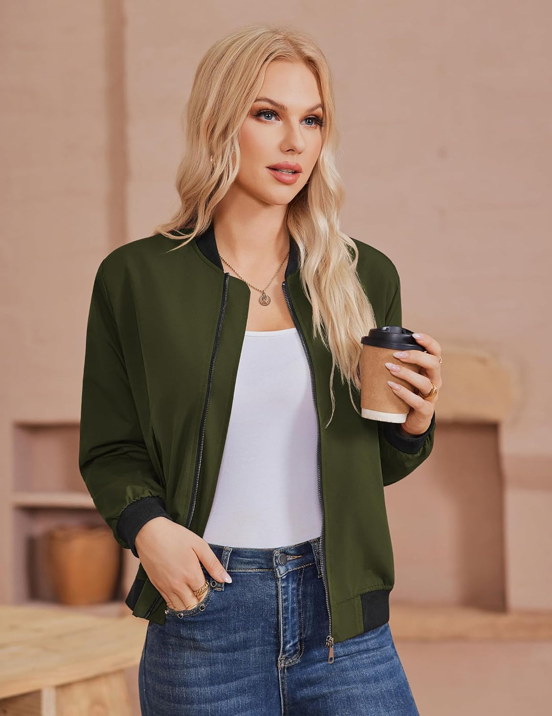 Zeagoo Bomberjacke Damen Kurz Blouson Jacket leichte Fliegerjacke Langarm Casual Frühling Pilotenjac