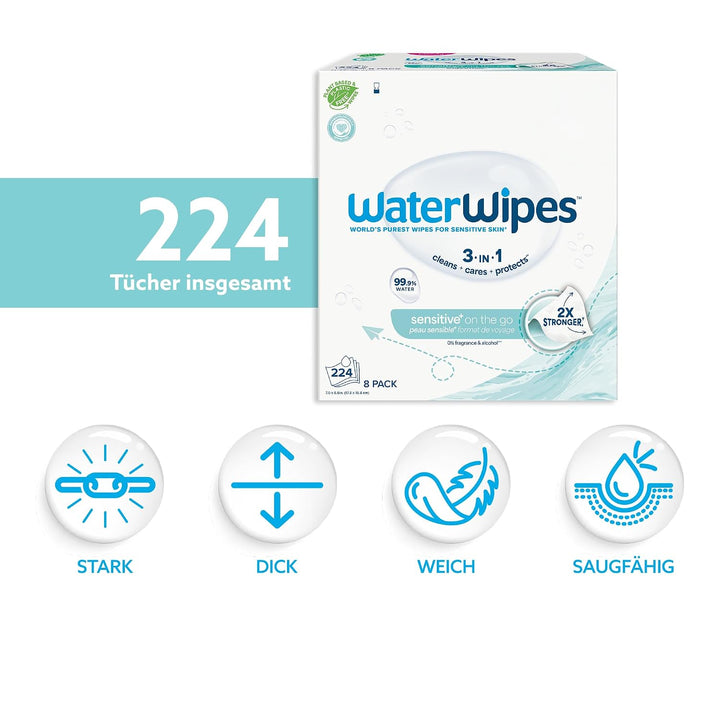 WaterWipes Sensitive+ On The Go Wipes, Unterwegs-Tücher, 224 Stück (8 Packungen), 3-in-1 reinigt, pf