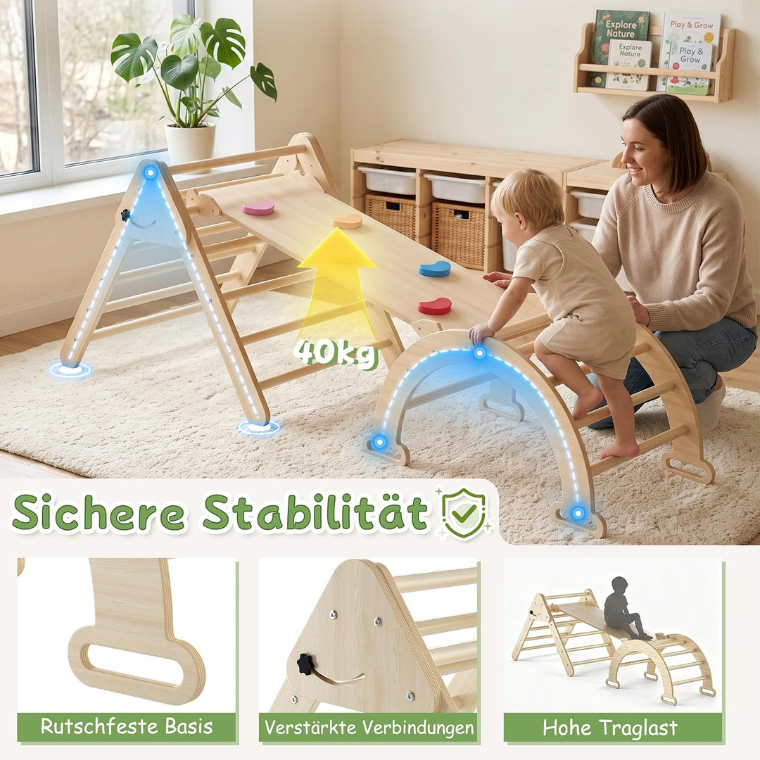 Froadp Klettergerüst Indoor 3-in-1 mit Rutsche und Kletterbogen Kletterdreieck aus Naturholz Klappba