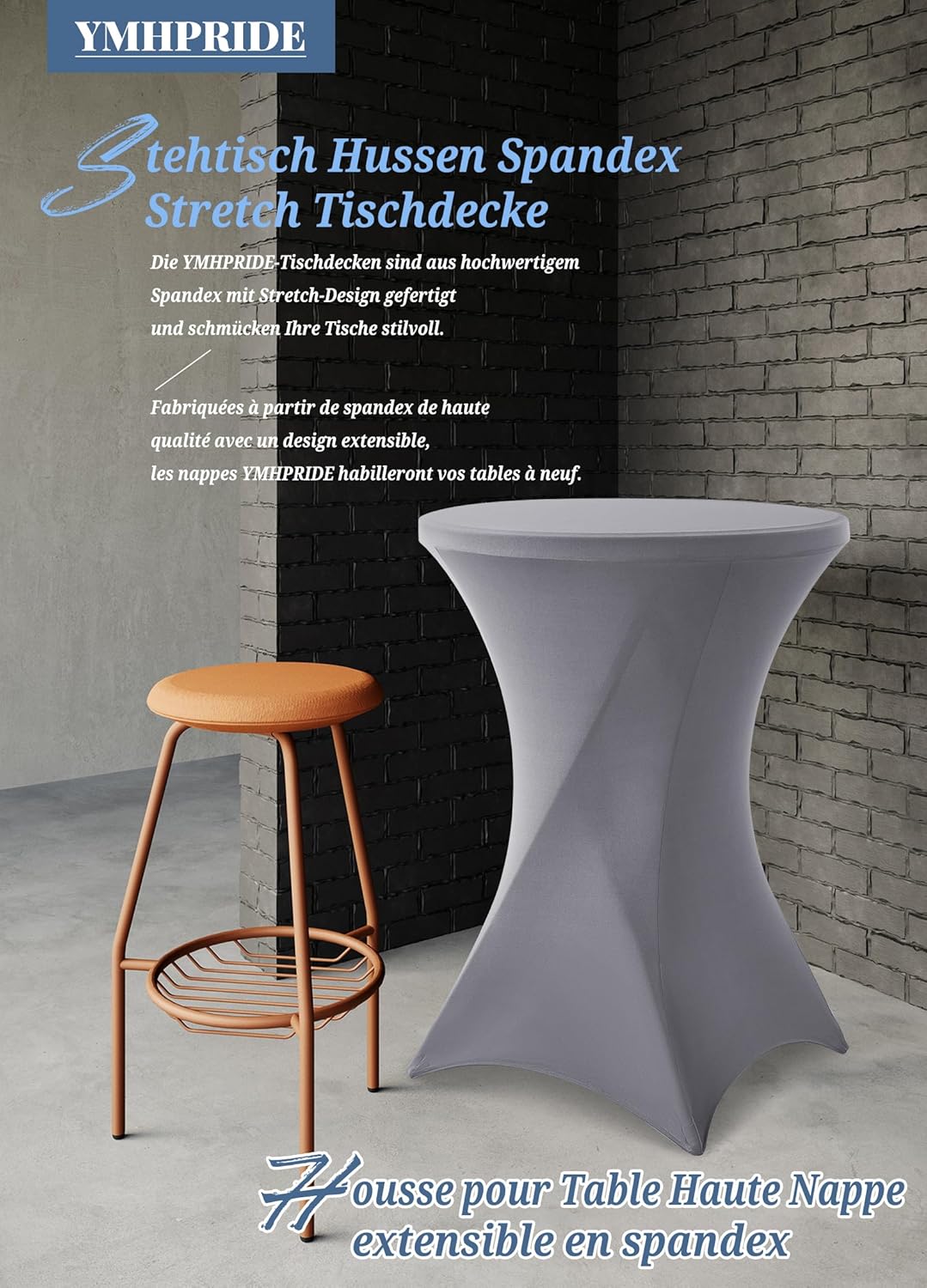 3er-Set Grau Stretch Stehtisch Husse für Bistrotisch Ø80-85 cm Spandex Stretch Tischdecke, Verstärku