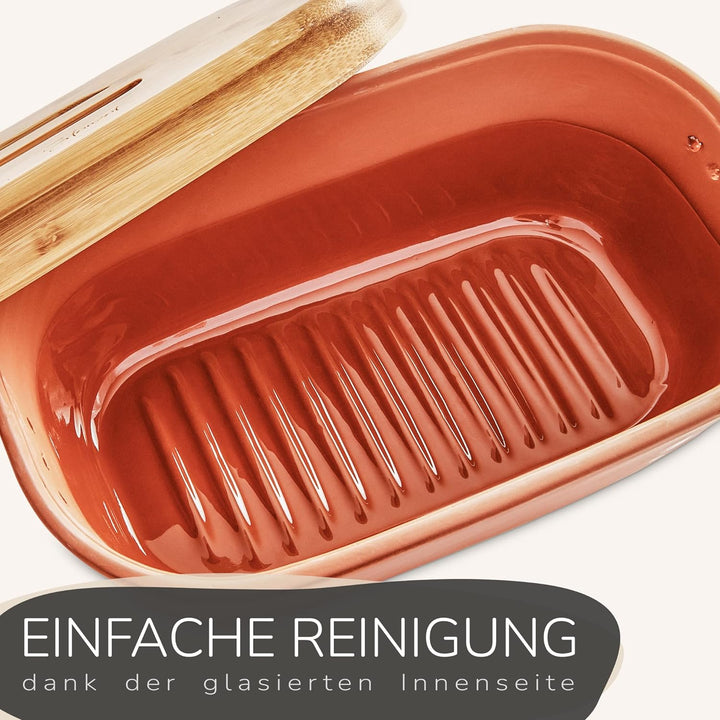 Steinzeit Design Brotkasten - Brotbox aus atmungsaktivem Ton – Brotkasten Keramik mit edlem Bambusde