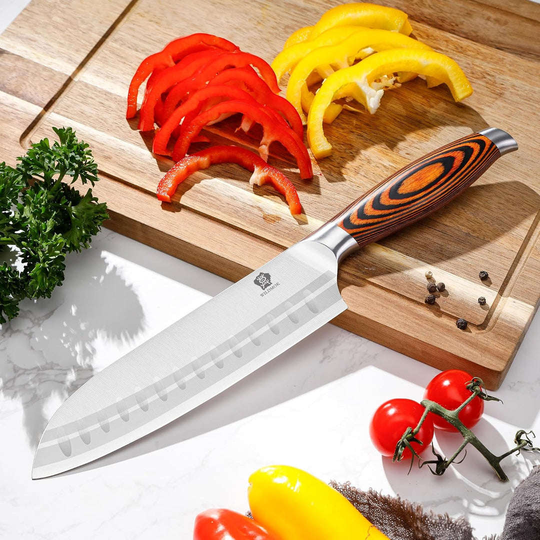 WILDMOK 18cm Santoku Messer Asiatischer Art, Santokumesser, Deutsch Edelstahl Küchenmesser mit ergon