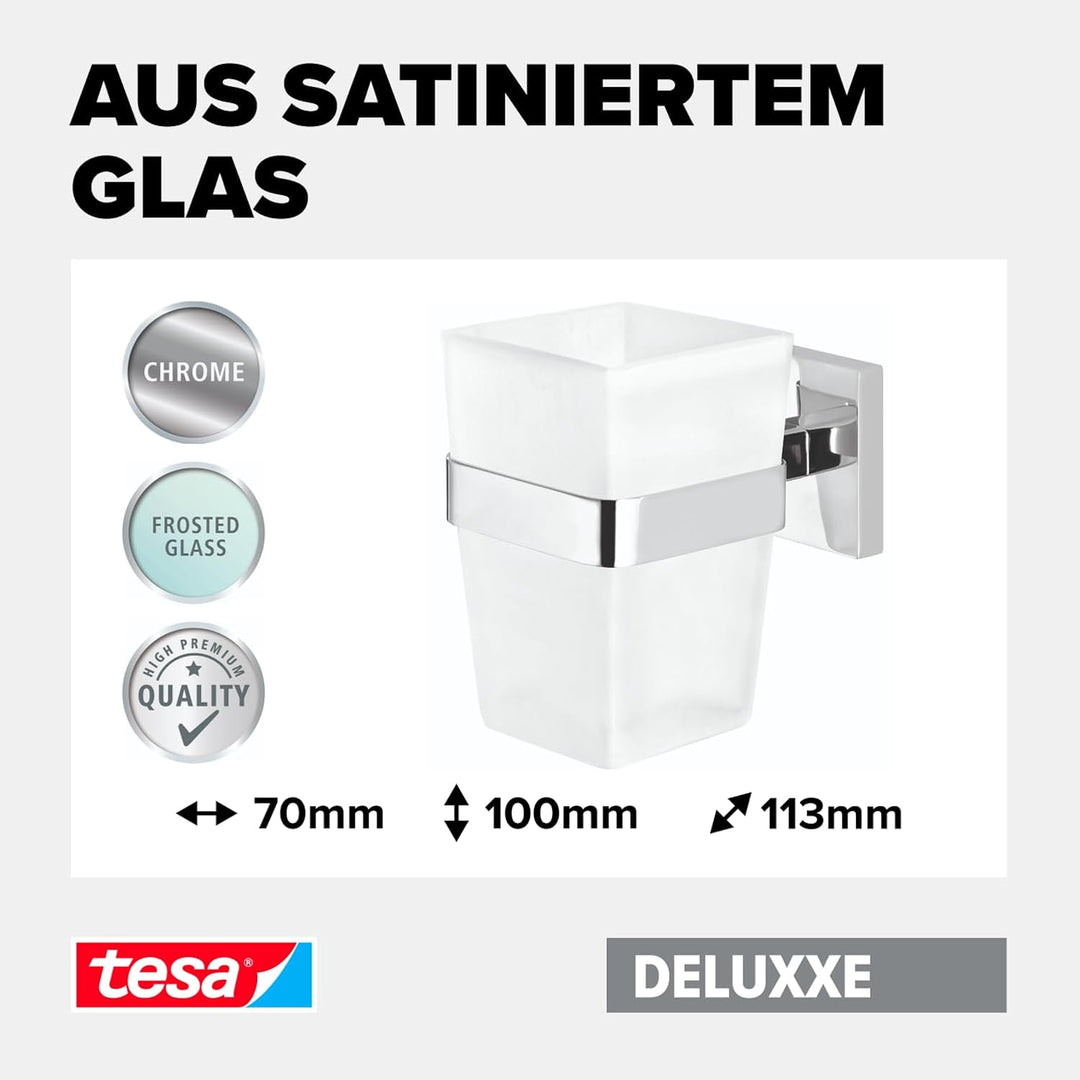 tesa DELUXXE Zahnputzbecher mit Halterung - Becher aus Milchglas, verchromte Wandhalterung - zur Wan