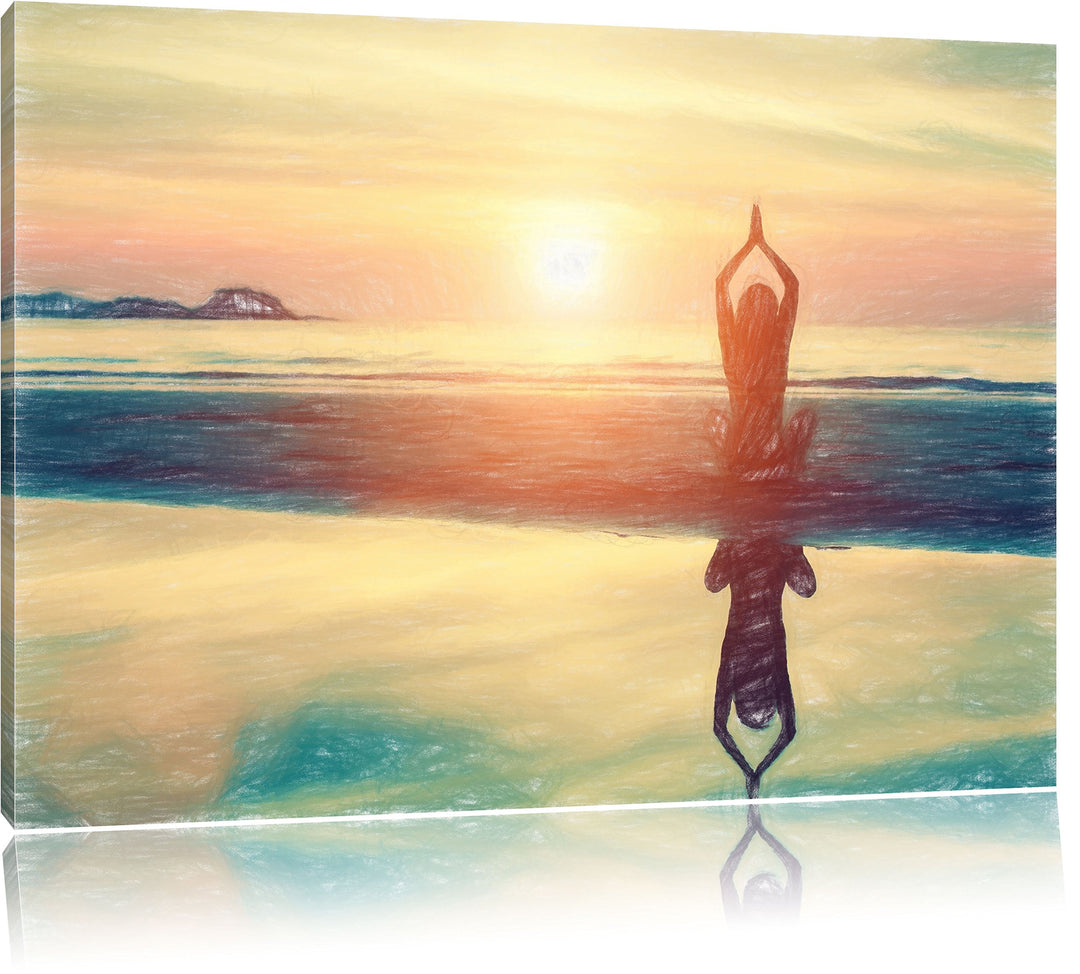 Pixxprint Frau in Einer Yogapose am Strand Kunst Buntstift Effekt, Format: 100x70 auf Leinwand, XXL