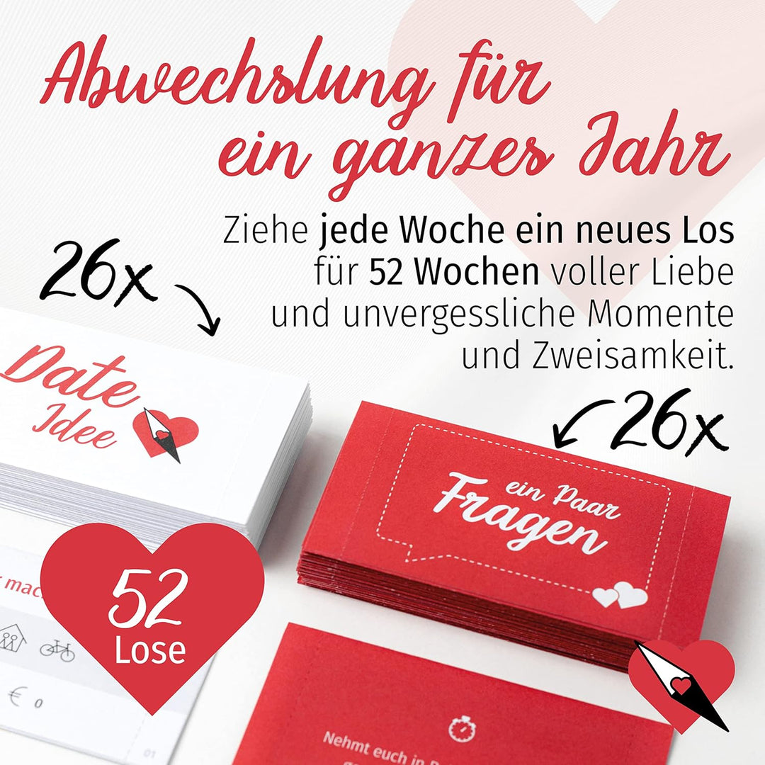 Liebeskompass Losbox Lose für Paare mit 52 Date Ideen & Fragen - Partner Geschenk für besondere Mome