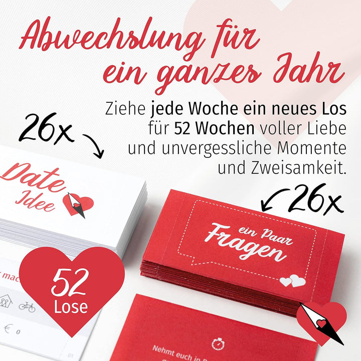 Liebeskompass Losbox Lose für Paare mit 52 Date Ideen & Fragen - Partner Geschenk für besondere Mome
