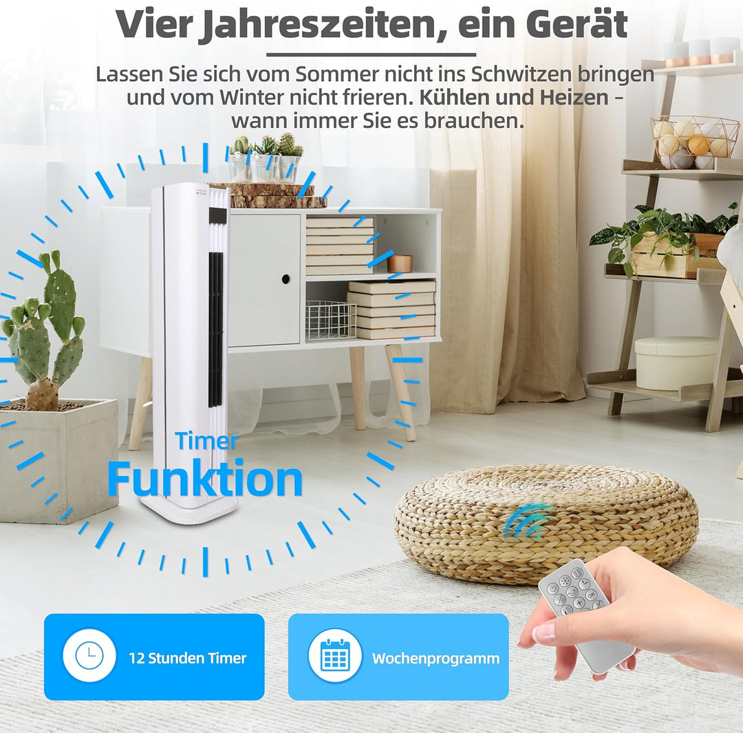 Turmluftkühler mit Heizfunktion – 4,5L Wassertank – 75W Kühlleistung &amp; 3000W Heizen – 3 Geschwindigk
