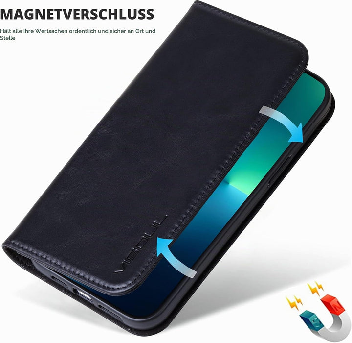 VISOUL Hülle für iPhone 13 Handyhülle Schutzhülle TPU [Erstklassiges Echtleder] [Kartenfach] [Magnet