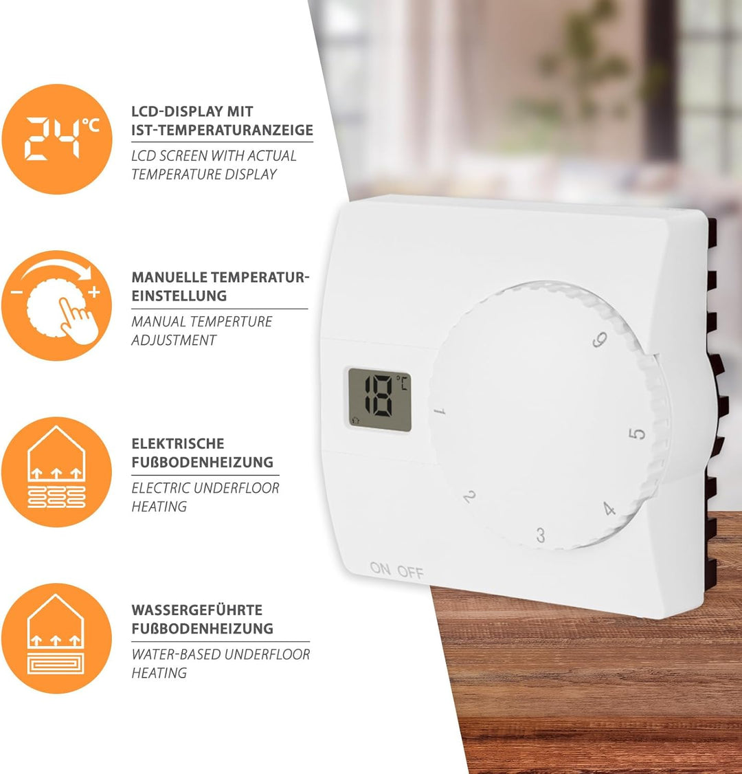 Aufputz Raumthermostat Digital 230V weiss mit internem u. externem Sensor für Wasser- u. elektrische