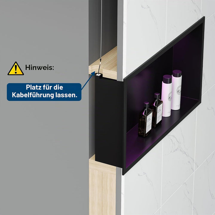 Wandnische Dusche Edelstahl mit RGB LED-Licht, Eingebettete Duschnische Schwarz Einzelregal Lagerung