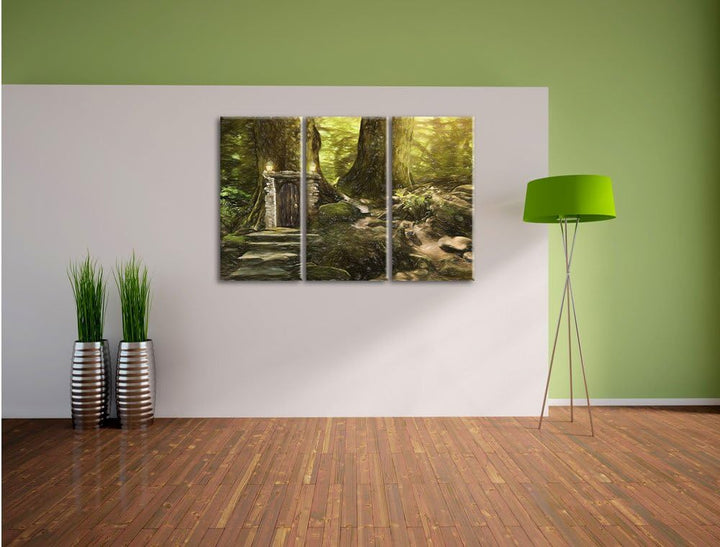 Pixxprint Geheimes Tor im Wald / 3-Teilig/Gesamtmass 120cm Leinwandbild bespannt auf Holzrahmen/Wand