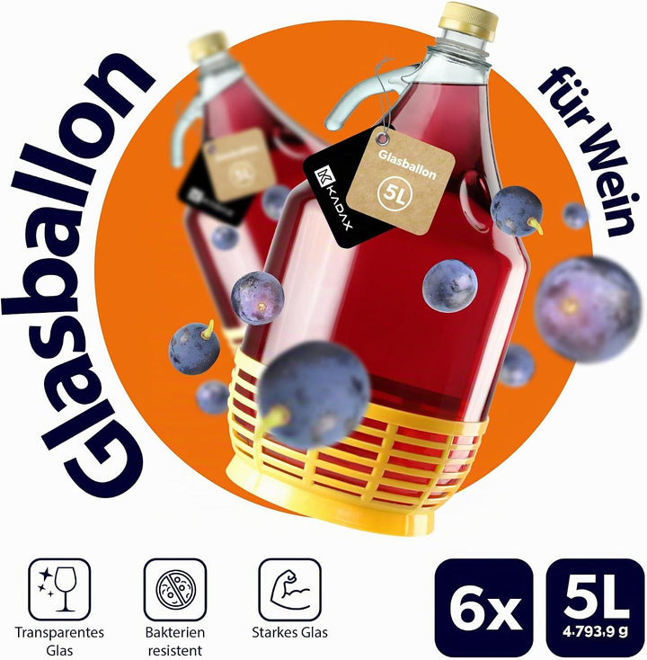 KADAX Weinballon 5L, Glasballon für Wein 6 stück, Weinfass aus Glas, Gärballon, Fass für Wein aus Gl