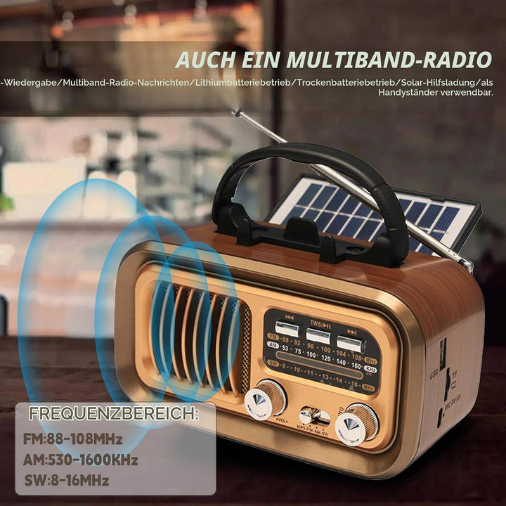 Tragbar Retro Radio mit Bluetooth, AM/FM/SW Solar Kofferradio Batteriebetrieb/D-Zellen Betrieb, Laut