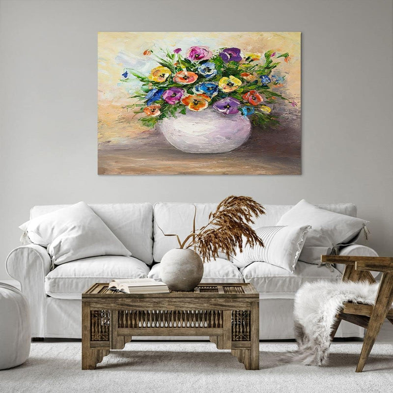 Bilder auf Leinwand 100x70cm Leinwandbild Blumen Blumenstrauss Vase bunt Gross Wanddeko Bild Schlafz