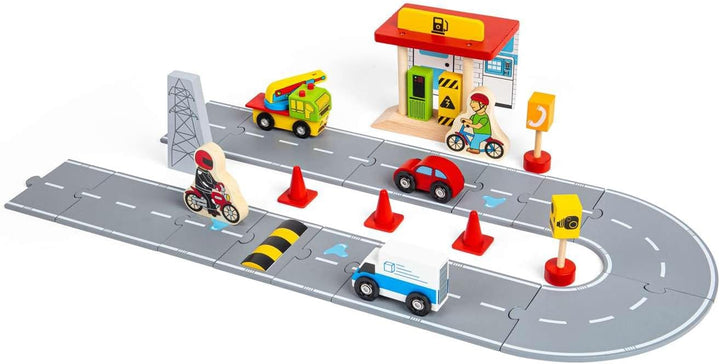 Bigjigs Rail Roadway Car Accessory Pack - 25 Piece Wooden Car Track Accessories with Vehicles, Road