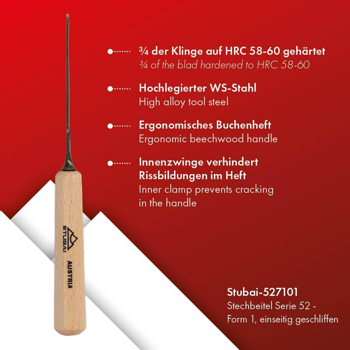 STUBAI Stemmeisen Stechbeitel Serie 52 - Form 71 | einseitig geschliffen 1 mm, mit Holzgriff, für gl