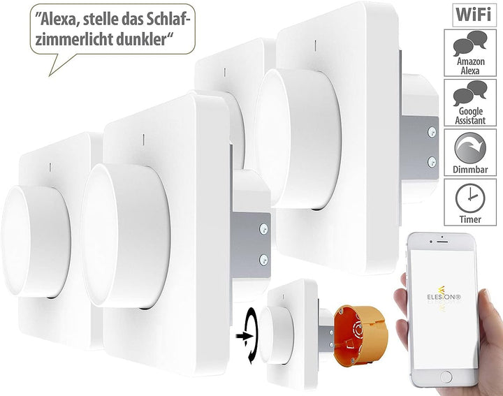 Luminea Home Control WLAN Dimmer Schalter: 4er-Set WLAN-Unterputz-Lichtschalter & Dimmer, Dreh- & Dr