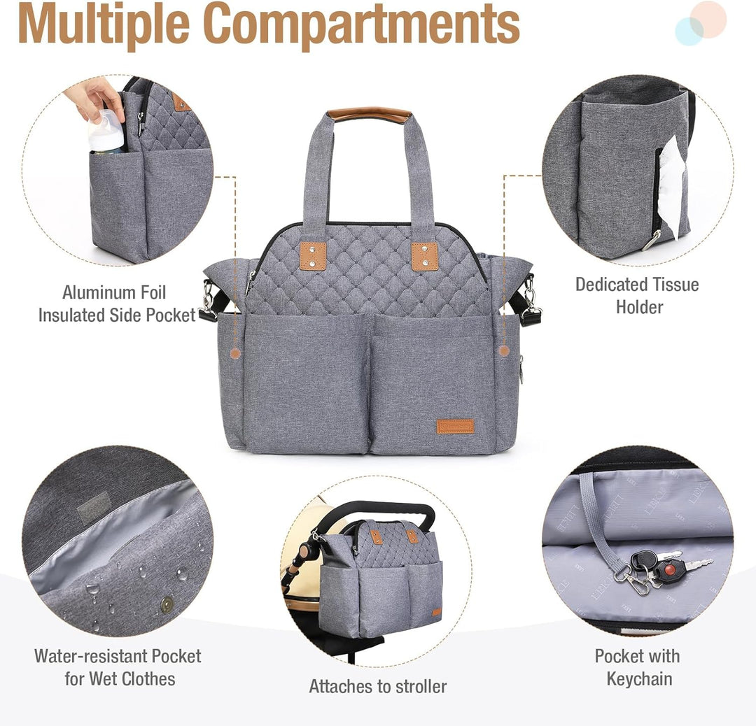 Lekebaby Baby Wickeltasche Bote gross mit Wickelunterlage für Reise, Grau Gesteppt, Grau Gesteppt