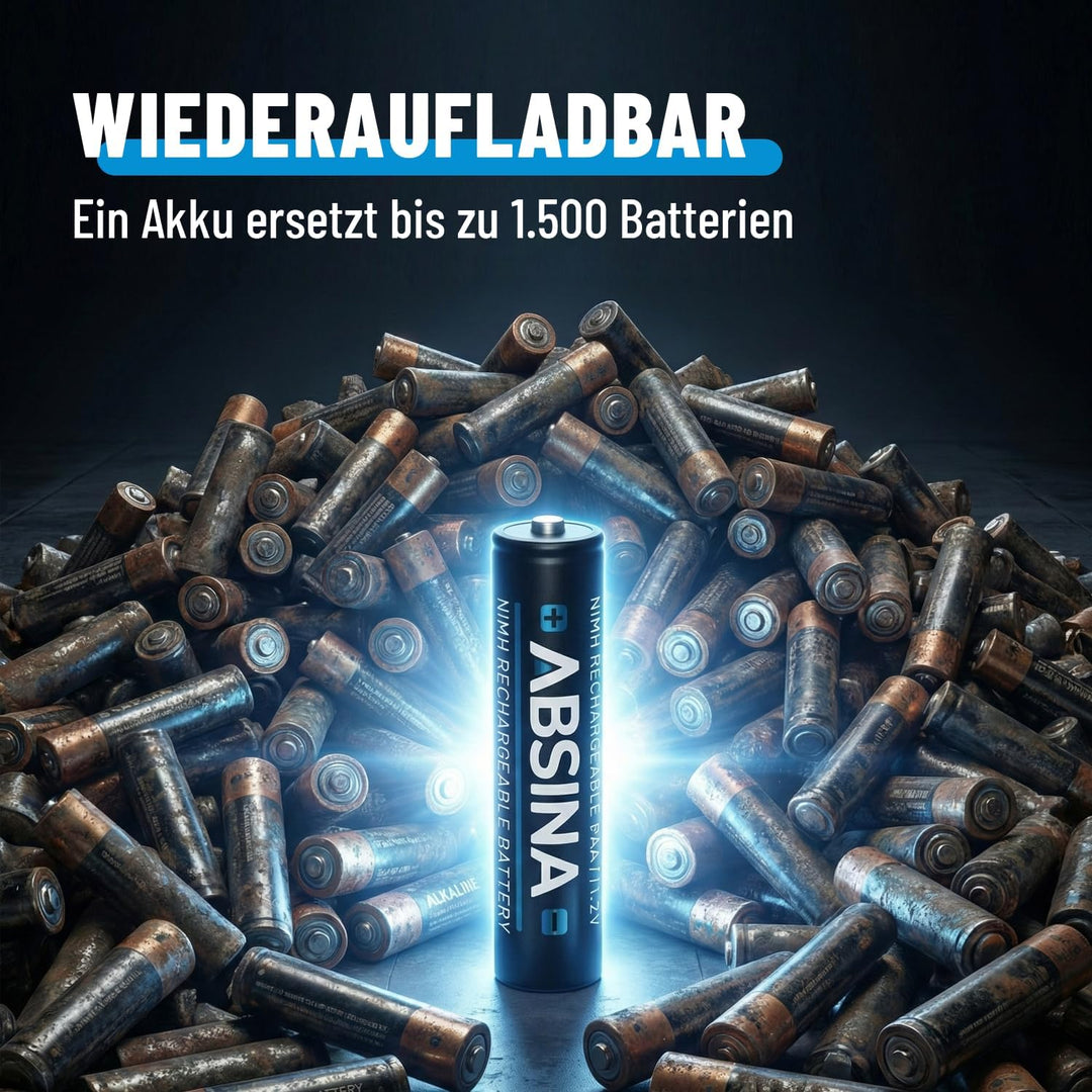 ABSINA AAA Akku 1150 NiMH 32er Pack - Akku AAA Micro mit 1,2V &amp; min. 1050 mAh - AAA Akkus wiederaufl