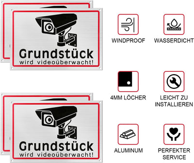 4 Stück Achtung Videoüberwachung Schild 20 * 30cm Videoüberwachung - Warnschild - Hinweisschild für