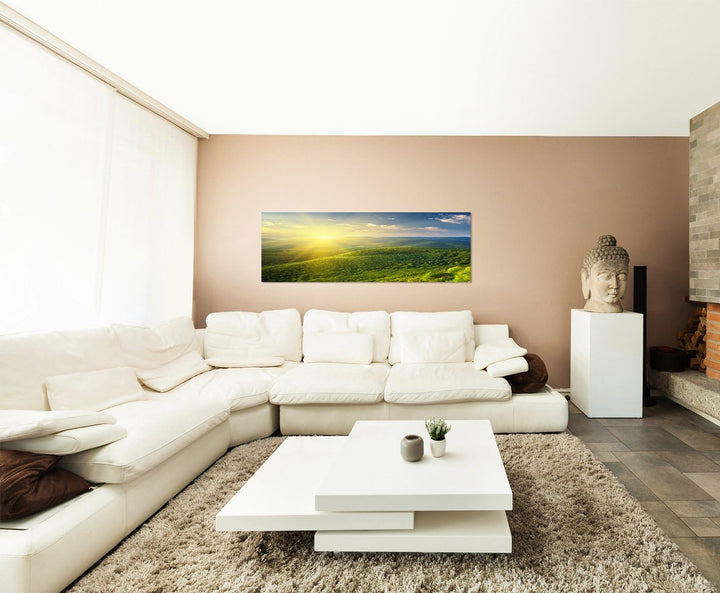 Paul Sinus Art Panoramabild auf Leinwand und Keilrahmen 150x50cm Landschaft Berge Wiesen Sonnenaufga