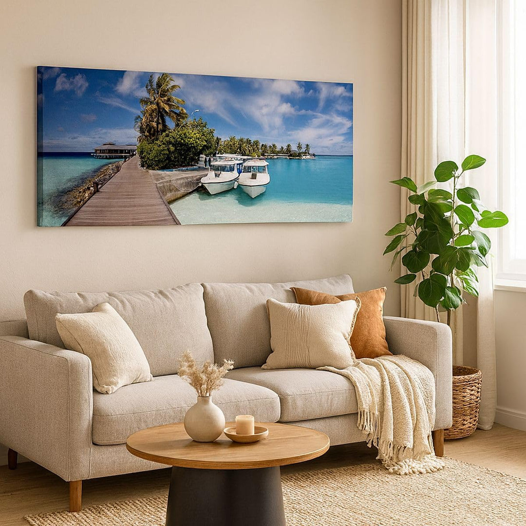 Bilder auf Leinwand 100x40cm Leinwandbild Maledische Insel Archipel Ozean Hütte Gross Wanddeko Bild