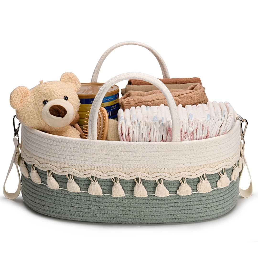 SEBRAM Wickeltisch Organizer Baby – Wickelkorb Boho aus Baumwollseil, Windel Organizer Caddy & Winde