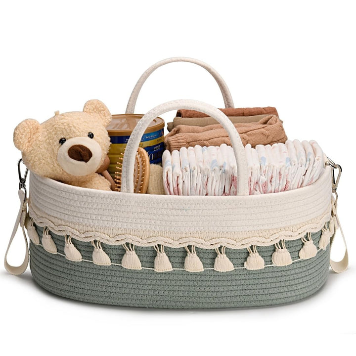 SEBRAM Wickeltisch Organizer Baby – Wickelkorb Boho aus Baumwollseil, Windel Organizer Caddy & Winde