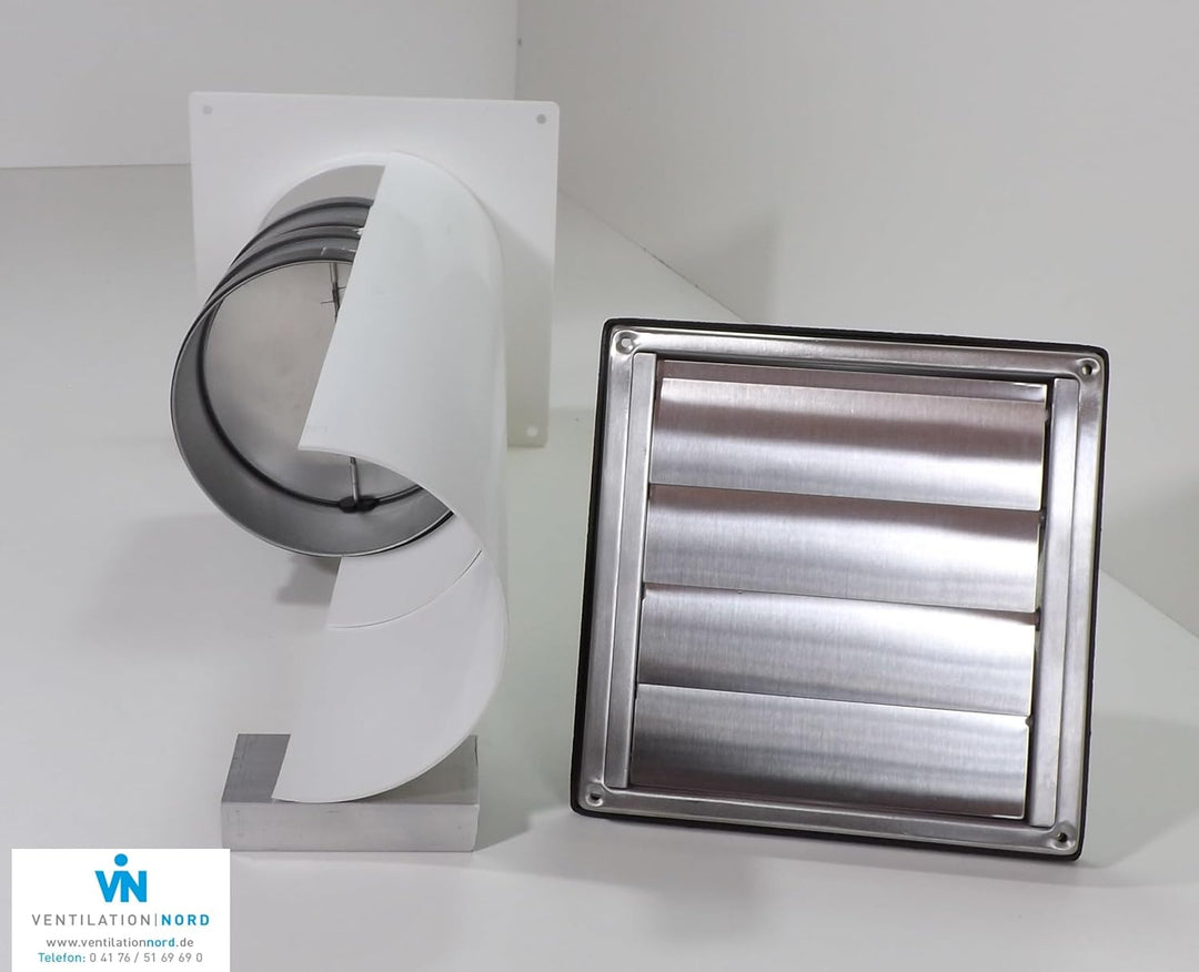 VentilationNord Edelstahl Mauerkasten mit Rückstauklappen für Dunstabzugshauben 150mm mit Blower Doo