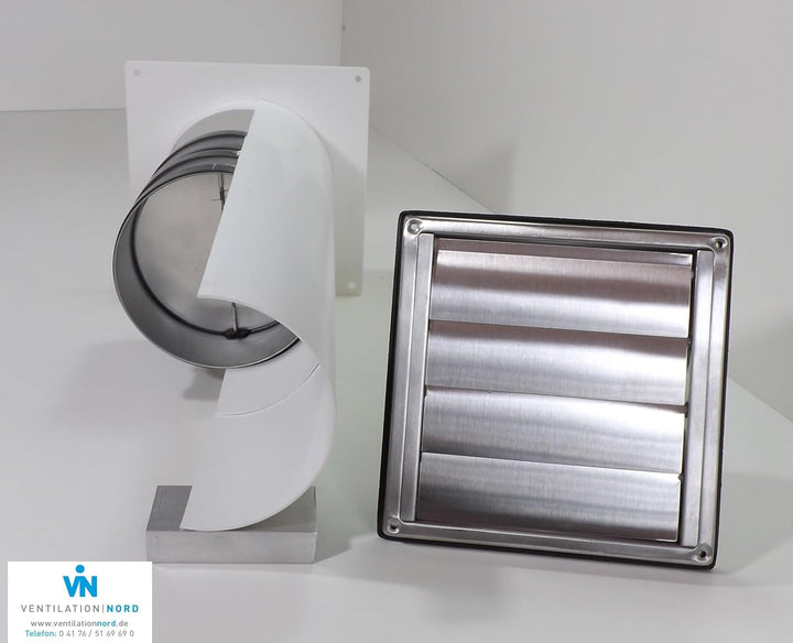 VentilationNord Edelstahl Mauerkasten mit Rückstauklappen für Dunstabzugshauben 150mm mit Blower Doo
