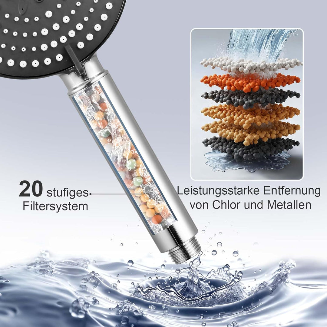 OFFO Duschkopf mit Schlauch 1,6m und Halterung, Handbrause mit Filter 6 Strahlarten, Duschkopf Gross