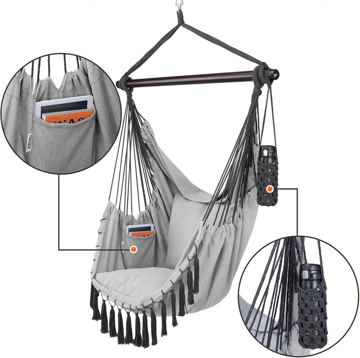 DETEX® Hängesessel bis 150kg Belastbar mit Flaschenhalter Boho Stil Wetterfest Garten 360° Drehbar G