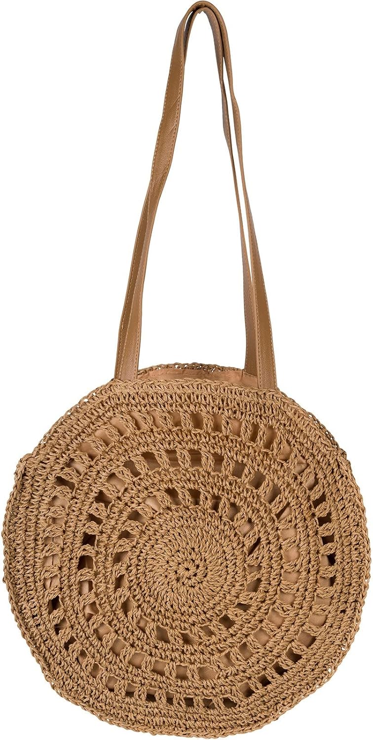 styleBREAKER Damen Runde Schultertasche aus geflochtenem Papierstroh, Henkeltasche, Reissverschluss,