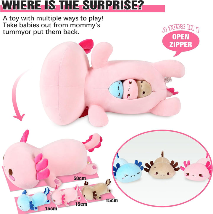 Shownicer Plüschtier Axolotl Kuscheltier Stofftier Kawaii Plüsch, Mama & 3 Babys Plüschkissen Spielz