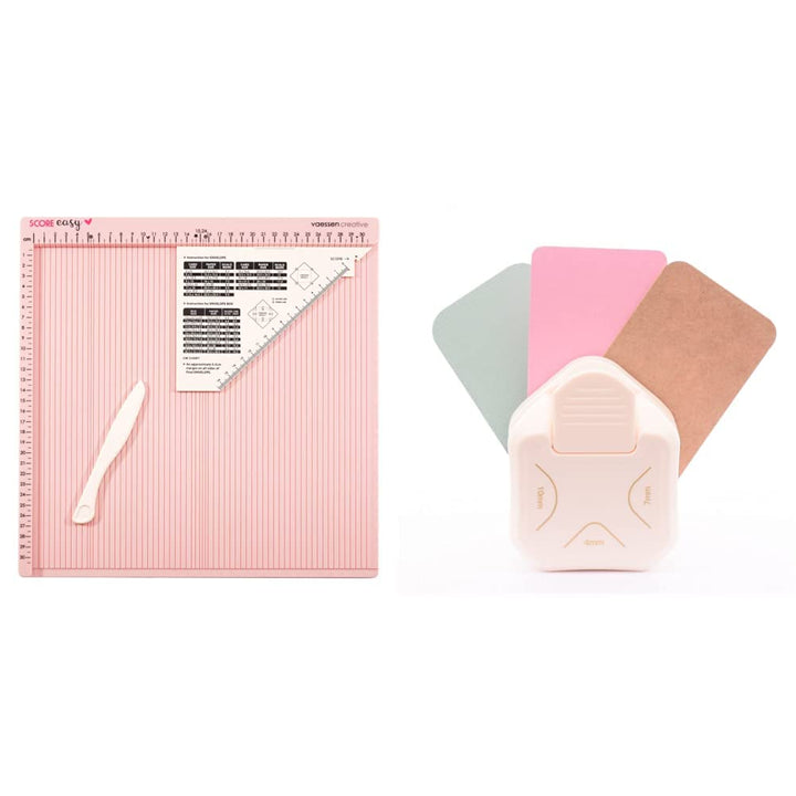 Vaessen Creative Score Easy Falzbrett cm/Metric Roze & 3-in-1 Eckenstanzer 4-7-10mm, Crème
