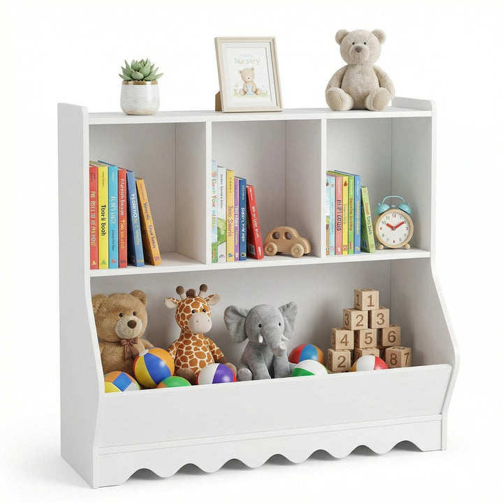 Kinder Bücherregal & Spielzeugregal – Freistehendes Kinderregal aus Holz mit 4 Fächern, Spielzeugauf