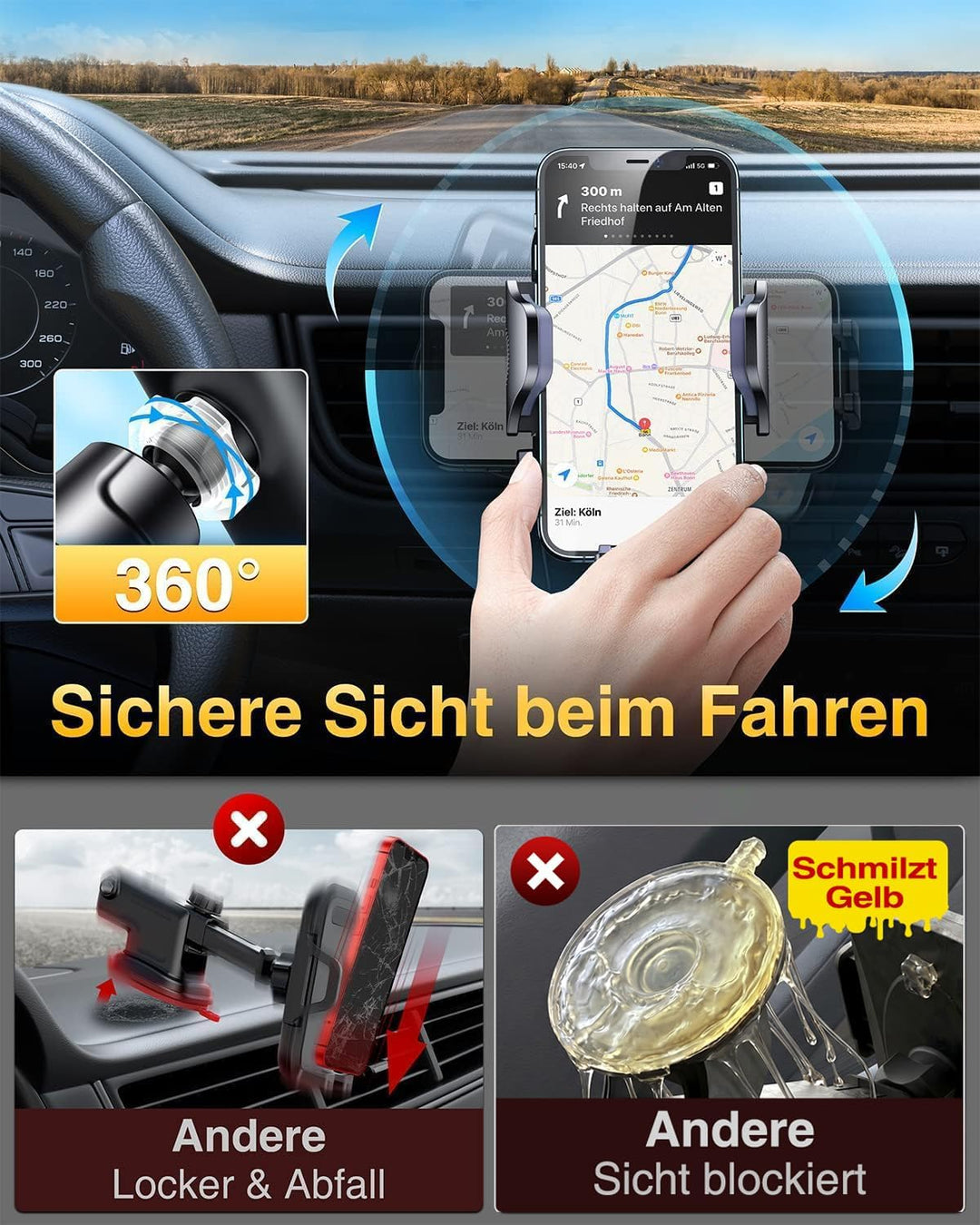 VANMASS Handyhalterung Auto Lüftung [2022 Upgrade Bombenfest Lüftungshaken] 360°Drehbar 100% Silikon
