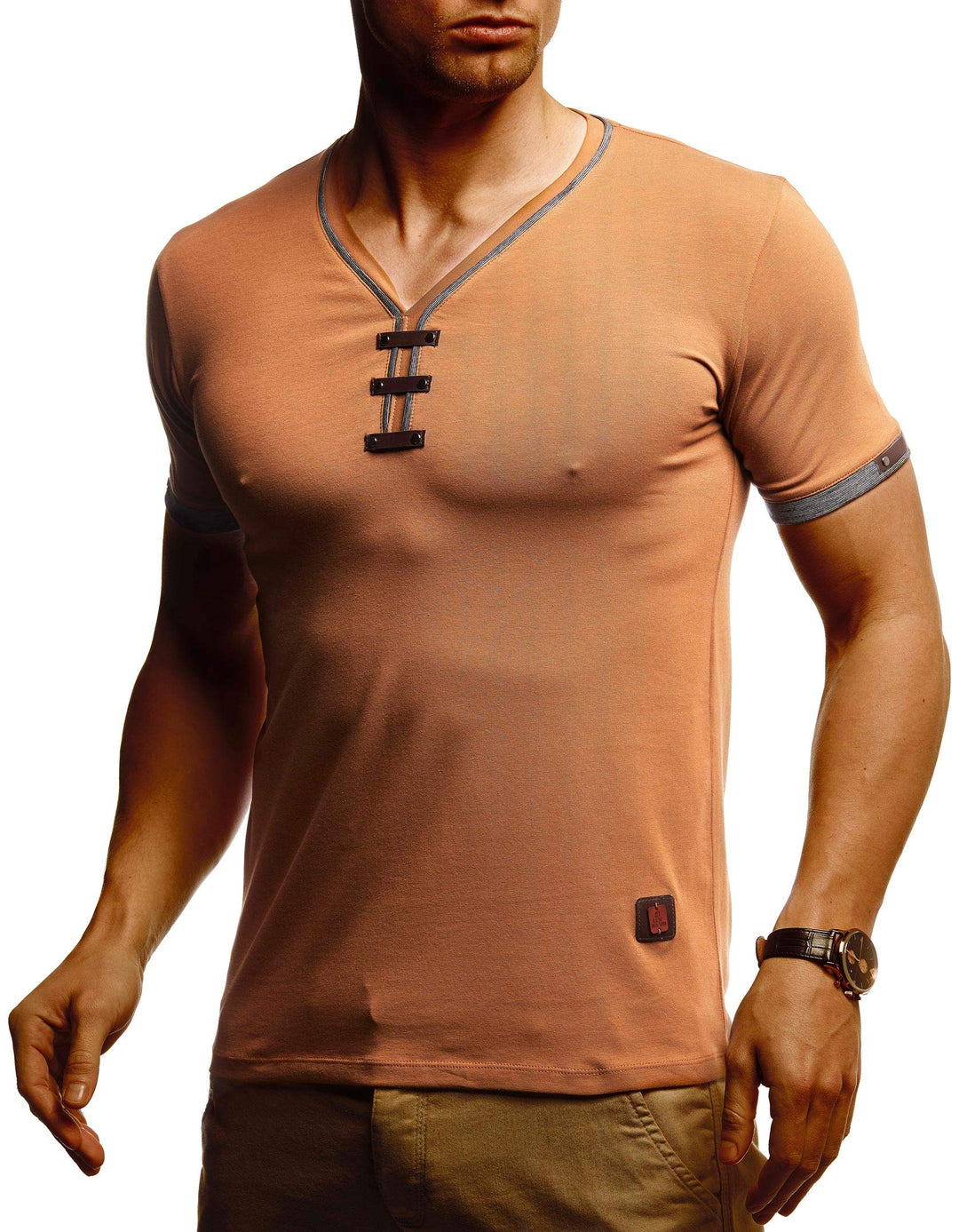 Leif Nelson Sommer T-Shirt Herren V-Ausschnitt - Coole Tshirts lang V-Neck aus Baumwolle - Casual Ba