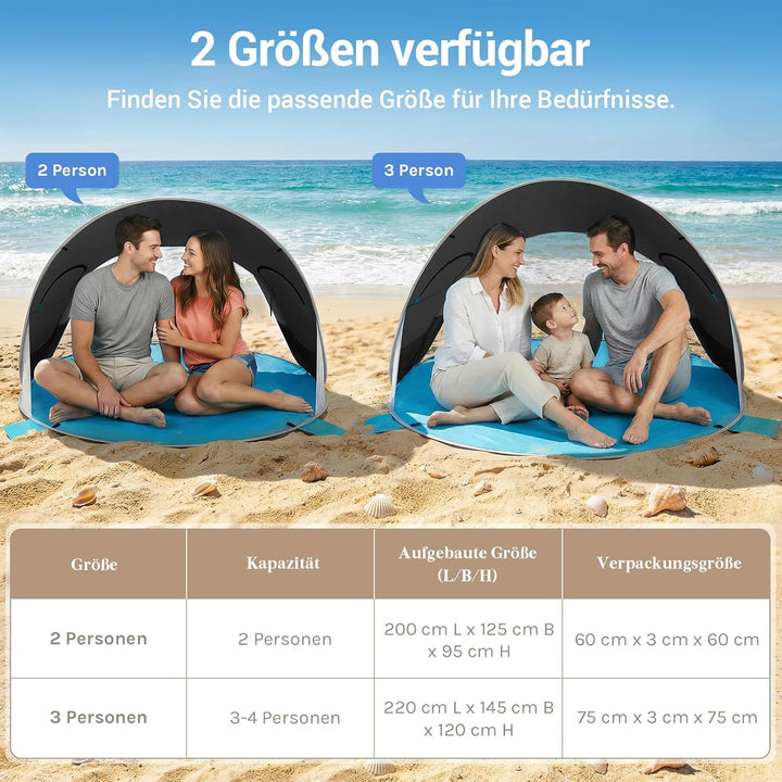 Wolfwise Pop Up Strandmuschel für 3-4 Personen, Sofort Aufbau, UV-Schutz 50+, Wasserabweisend, Belüf