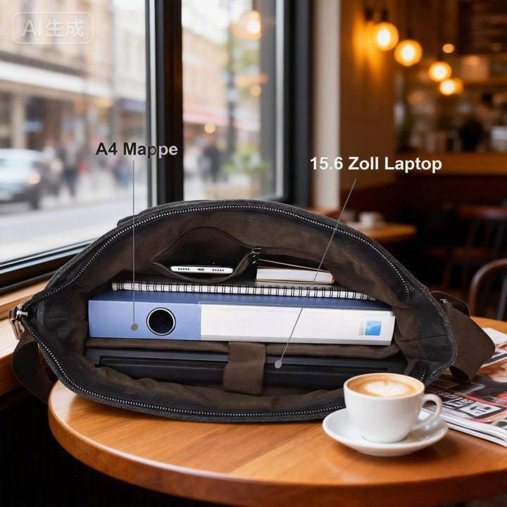 Ruschen Umhängetasche Herren aus Vintagem Segeltuch, Premium Herrentasche, Laptoptasche für 15,6 Zol