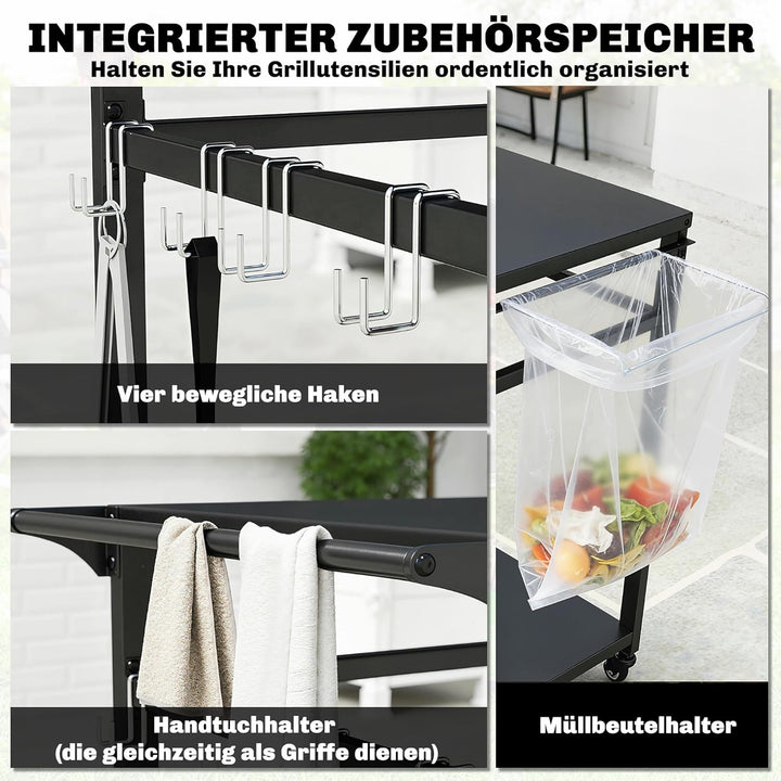 Outsunny Küchenwagen mit Rollen, 2-stöckiger Servierwagen, Rollwagen mit Müllbeutelhalter, Haken, Gr