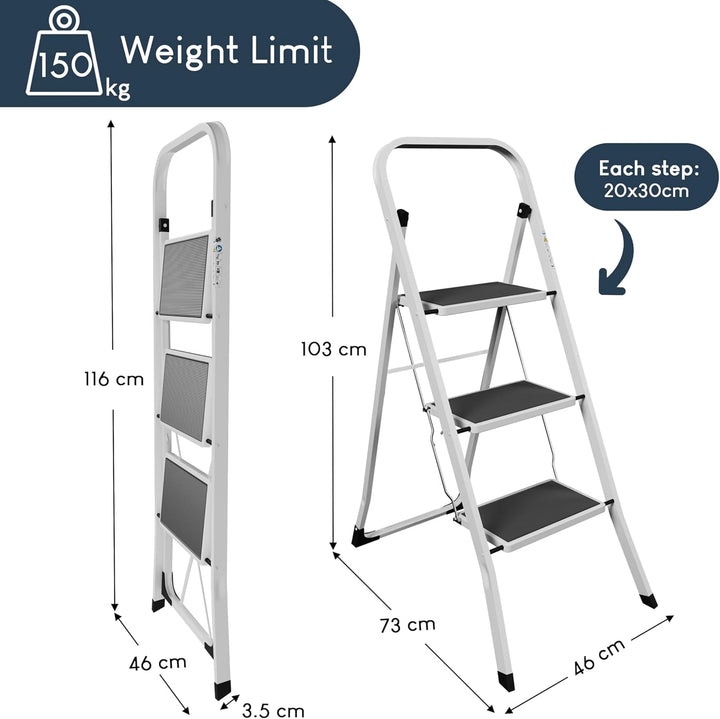 Home Vida Leiter mit 3 Stufen, Stahl, tragbar, klappbar, robust, 3 Stufen