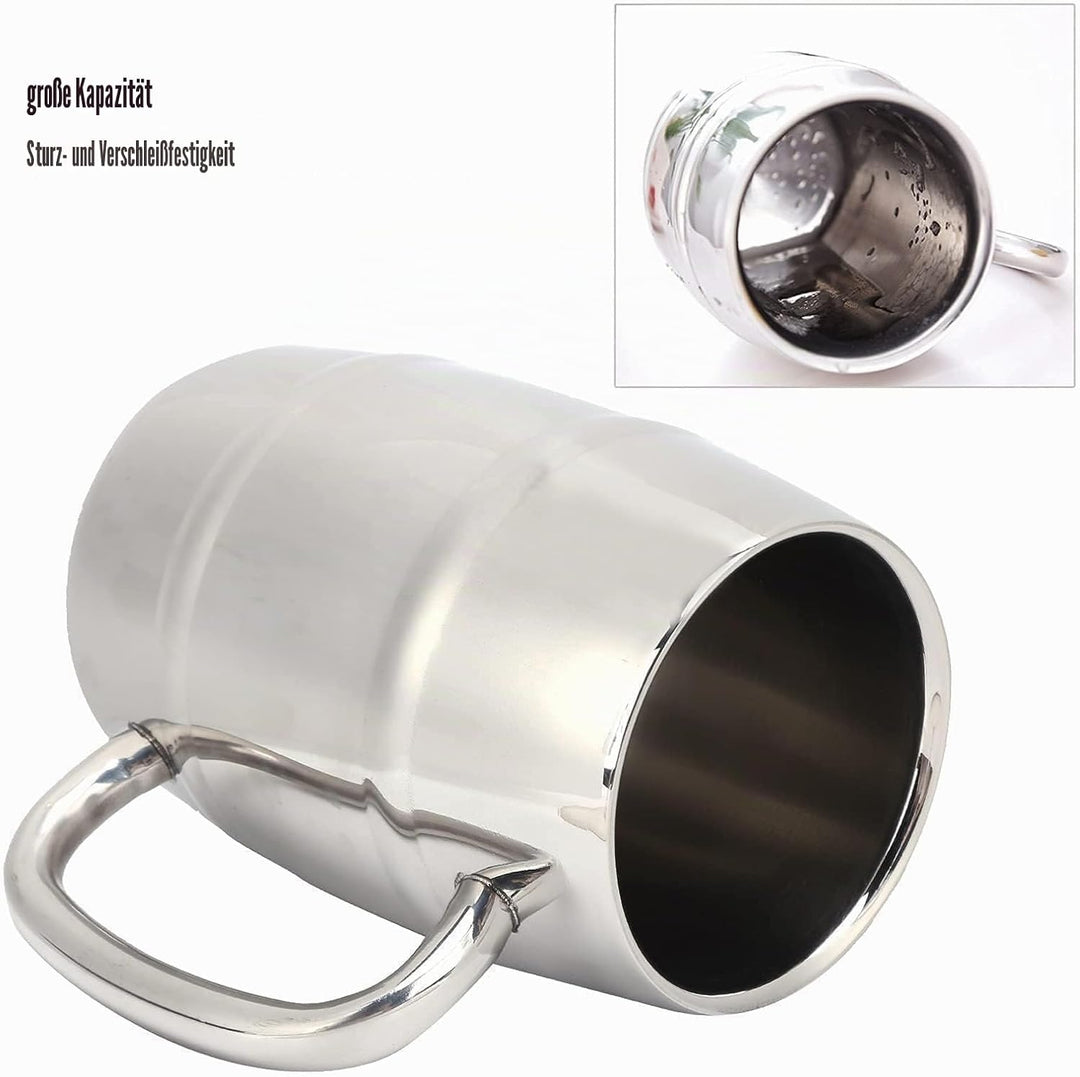 2 Stück Edelstahl Bierkrug, Metall Doppelwand Bierkrug Fass Bierkrug Reisebecher mit Griff Kaffeetas