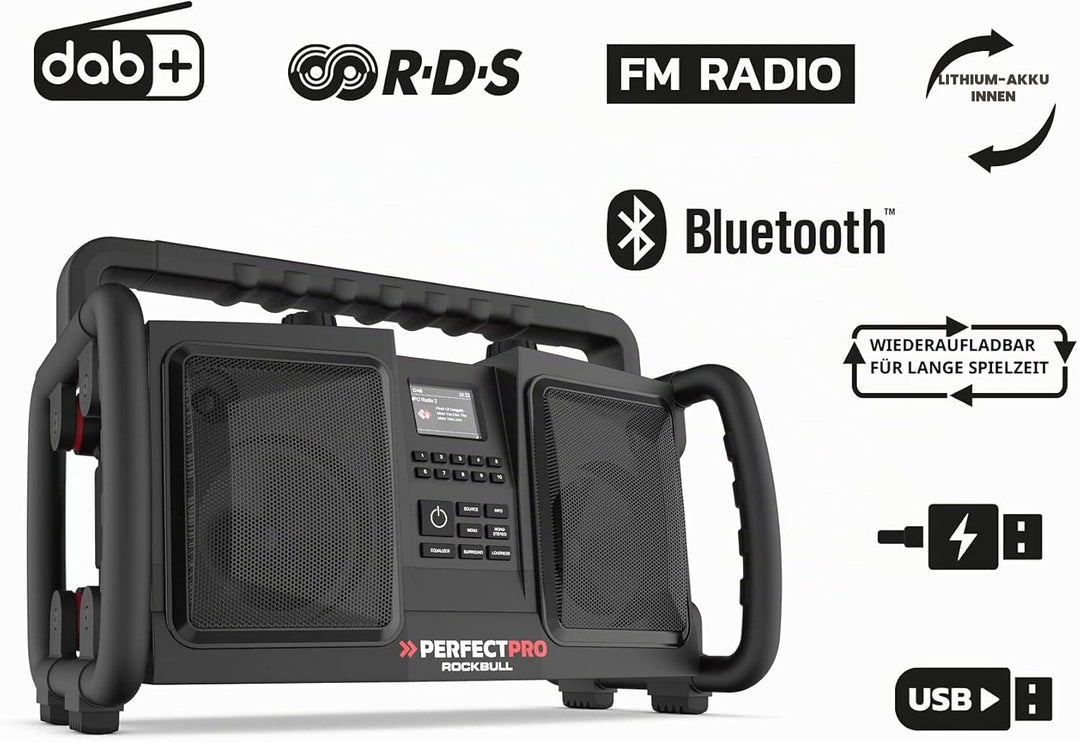 PerfectPro Baustellenradio ROCKBULL, DAB+ und UKW-Empfang, Bluetooth, AUX-Eingang, Akku integriert,