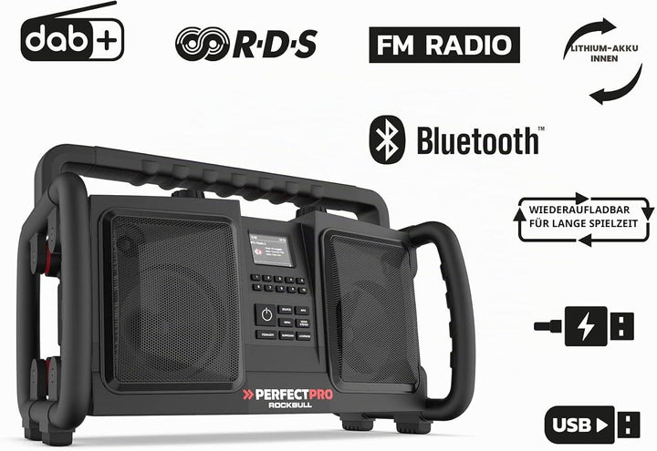 PerfectPro Baustellenradio ROCKBULL, DAB+ und UKW-Empfang, Bluetooth, AUX-Eingang, Akku integriert,