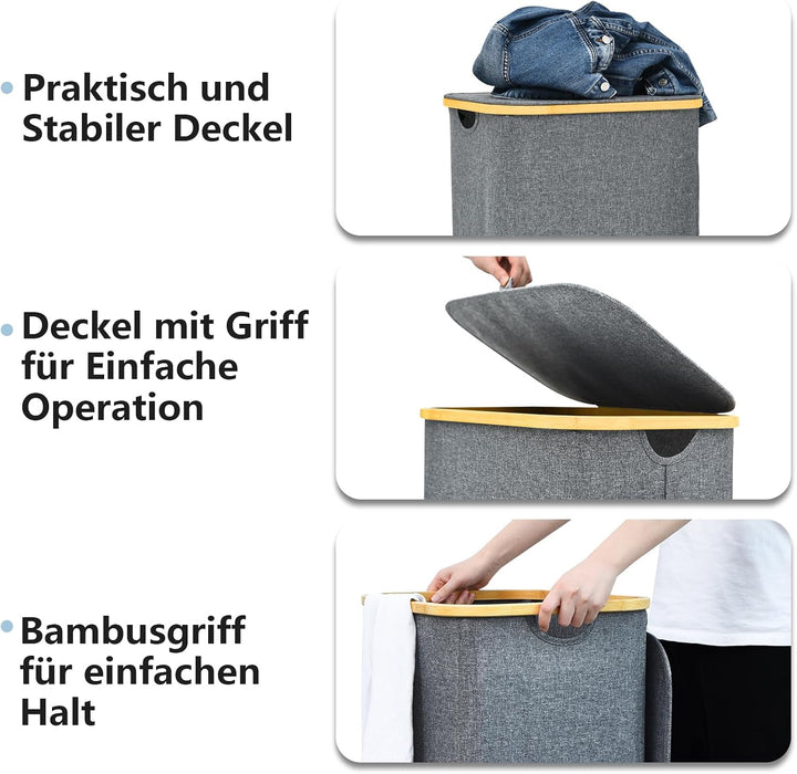 ROSOS Wäschekorb mit Deckel, 102L Faltbarer Wäschekorb mit Herausnehmbaren Wäschesack, Wasserdichter
