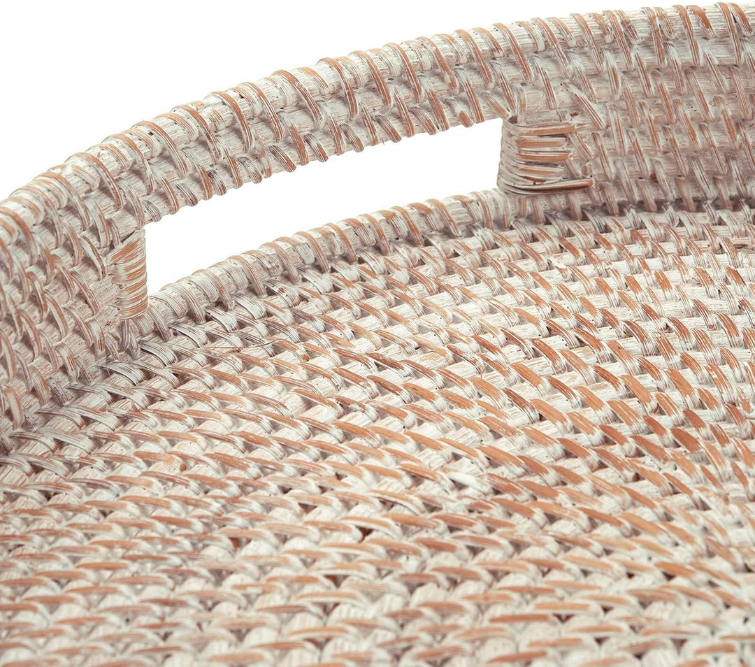 Rundes Rattan Serviertablett, Handgewebtes Serviertablett mit Griffen, Wicker Servierkorb, Dekorativ