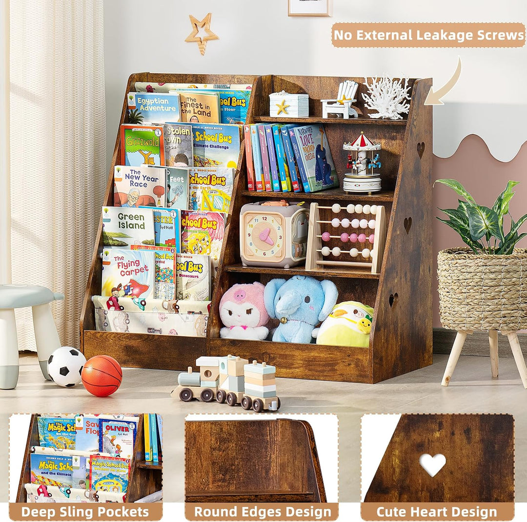 Kinder Bücherregal mit 5 Bücherdisplays und 4 Ablagefächer, Gross Braun Kinderregal Büchergestell fü